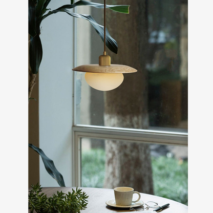 Modern Pebble Glass & Timber Pendant Light - Japandi Disk Pendant Lights