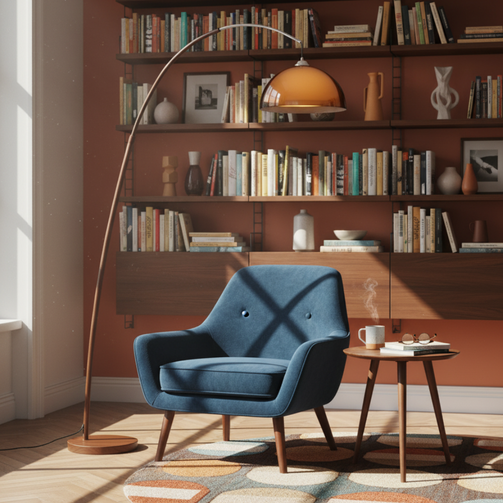 Arc Floor Lamp with Cantilevered Metal Overhanging Arm and Acrylic Dome Shade