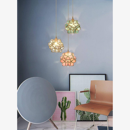 Floral Glass Hanging Lamp with Brass Hardware - Vintage Modern Art