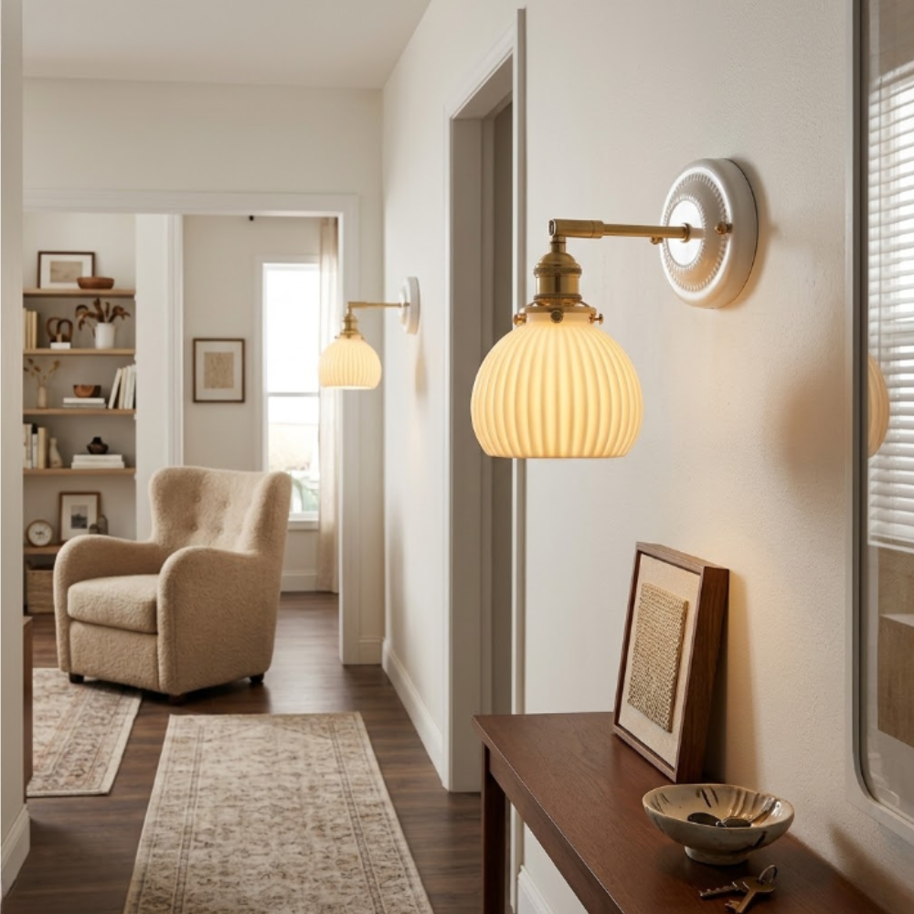 Moderne handgefertigte Keramik-Wandlampe – Japanischer Messing-Wandstrahler