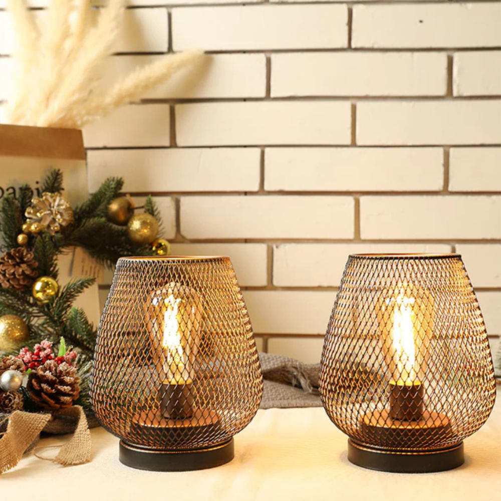 Kabelloses Lampenset mit Eisendrahtgeflecht für Nachttisch oder Terrasse