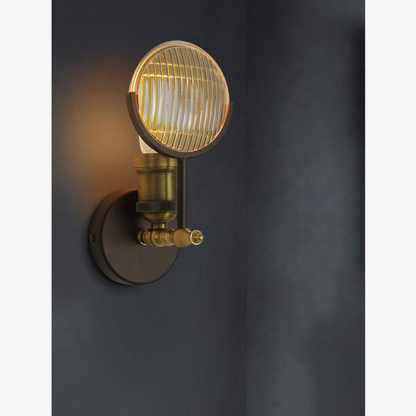 Industrial Wall Sconce with Fresnel Glass Lens - Vintage Ribbed Brass