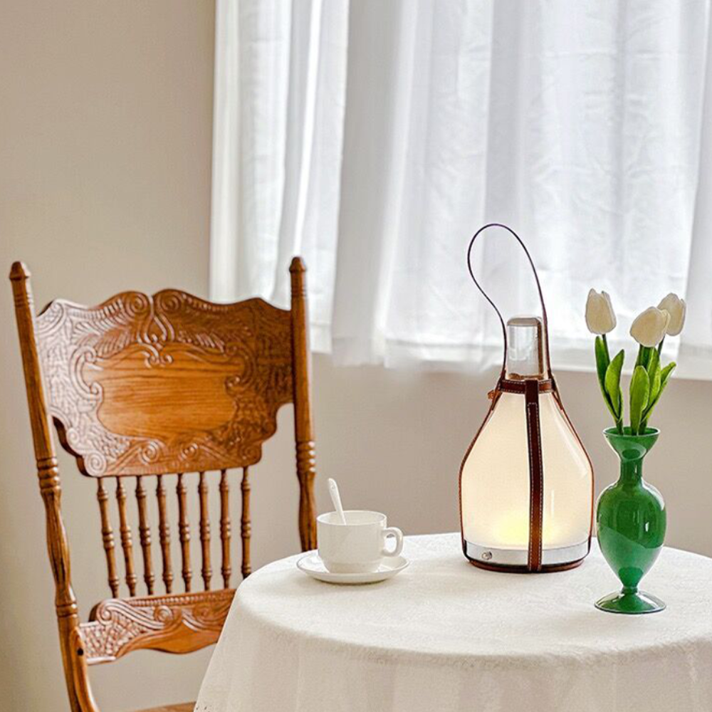Lampe de table lanterne avec sangle en cuir - Moderne portable milieu du siècle
