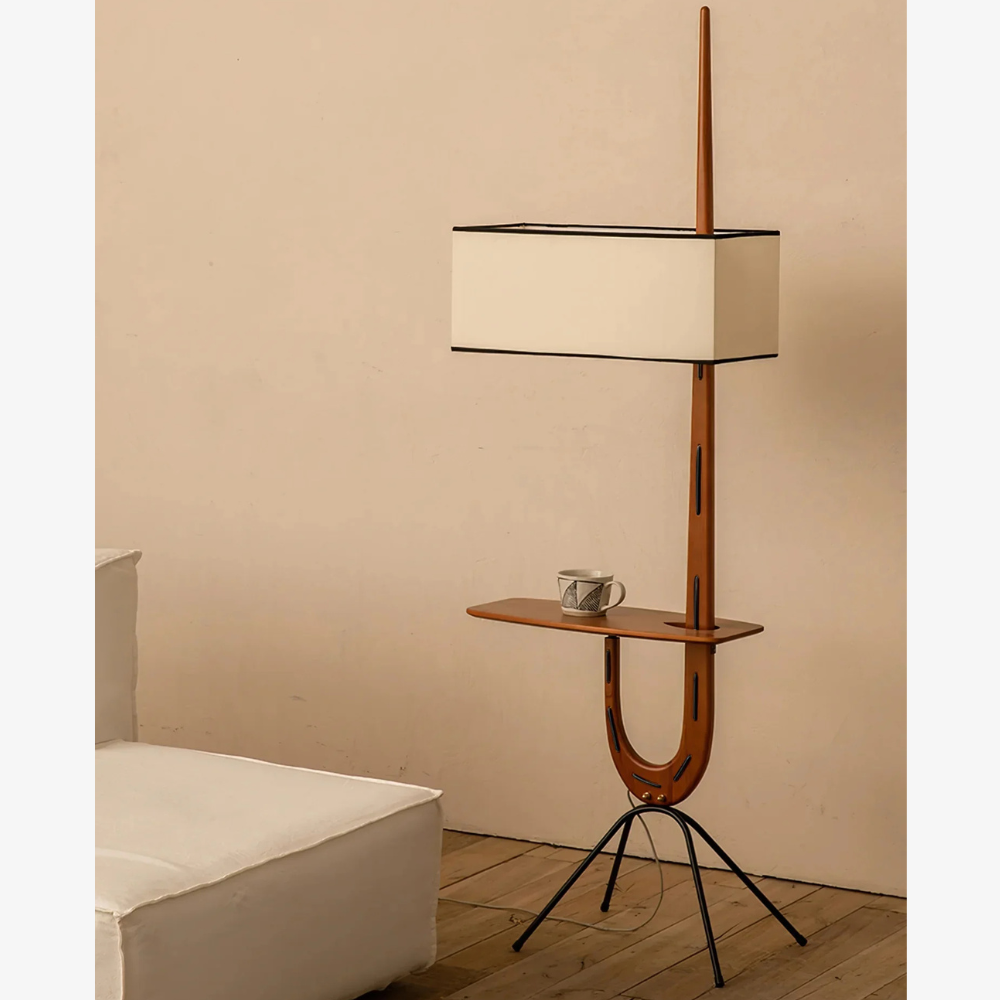 Modern floor lamp with Integrated Shelf and Organic Wooden Frame - Mid-Century