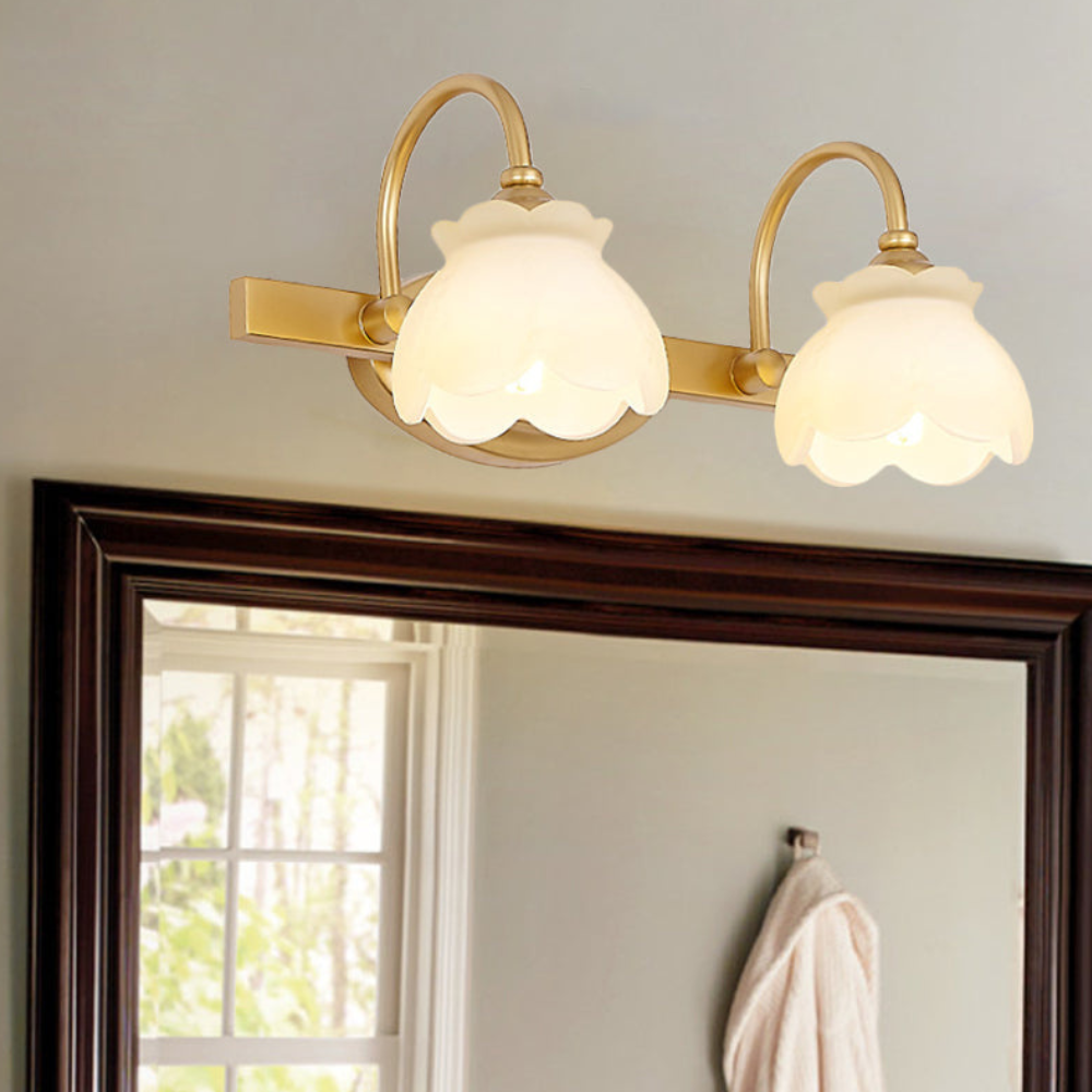 Bathroom lights above mirror with Arched Brass Arms and Frosted Glass - Colonial