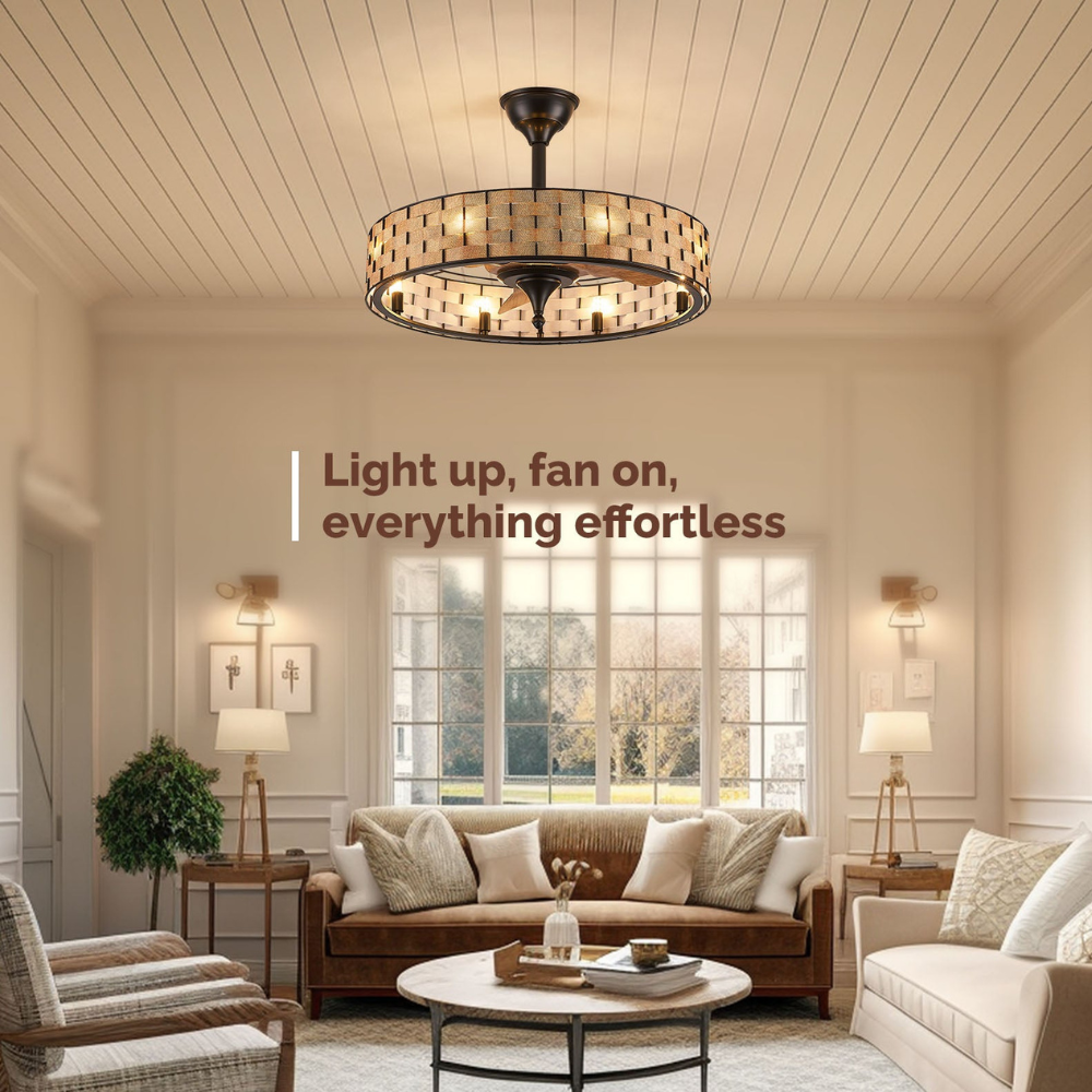 LED-Deckenventilator mit gewebtem Trommelschirm und Käfigrahmen – Bauernhausstil