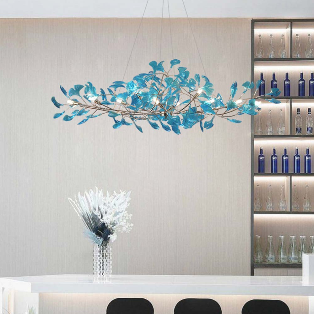 Sputnik-Kronleuchter mit Acryl-Ginkgoblättern und Eisenastgestell