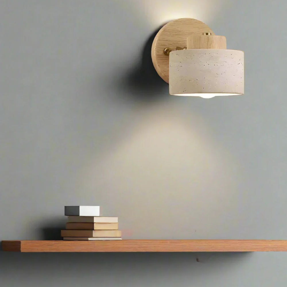 Architectural Adjustable Stone Wall Light - Minimalist Wood & Travertine Sconce