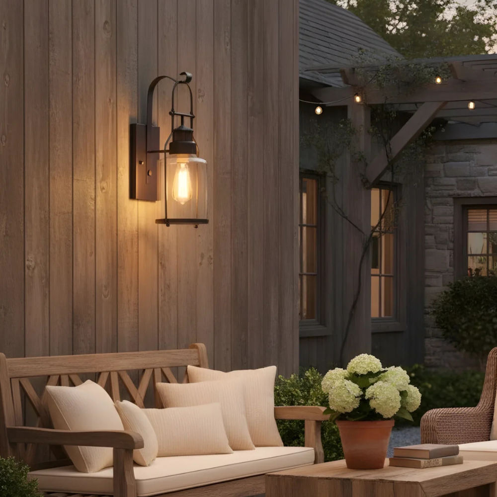 Permanent Outdoor House Lights with Clear Glass Jar Shade and Iron Arm