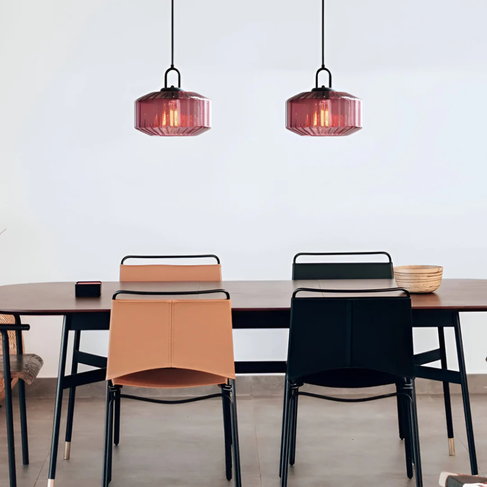 Pendant Light with Ribbed Glass Shade - Retro Mid Century Modern