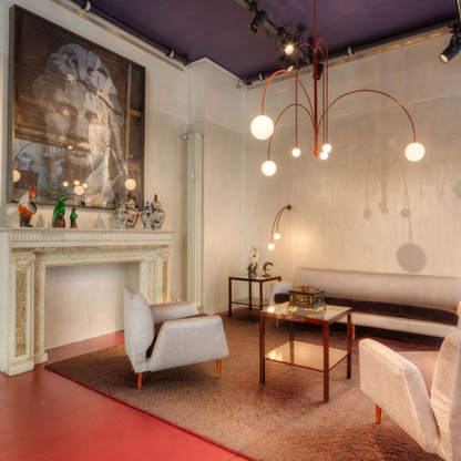 Chandelier with Arched Arms and Frosted Globes - Modern Mid Century