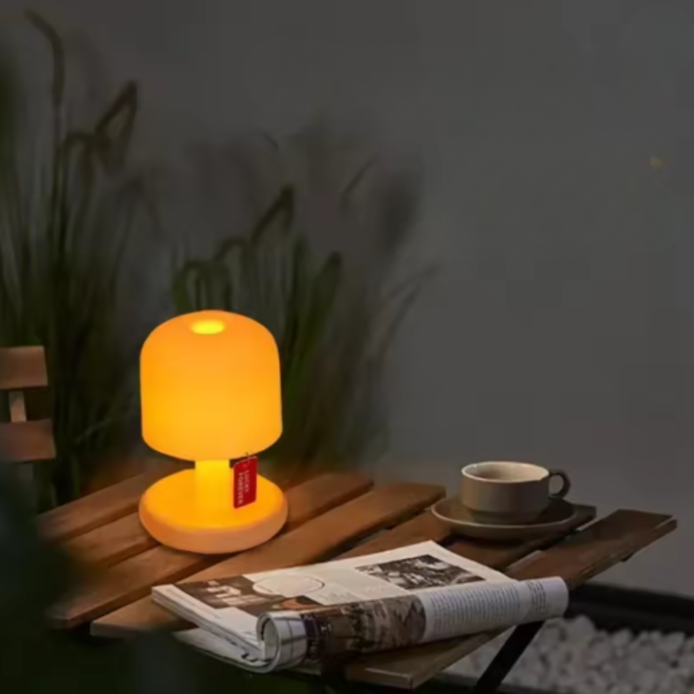 Mushroom Table Lamp with Orange Dome Shade - Modern Mid Century