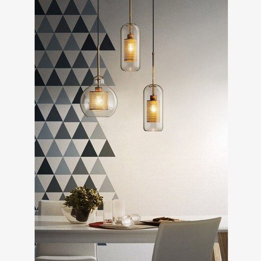 Suspension en verre métallique perforé moderne - Lampe suspendue industrielle à maille superposée
