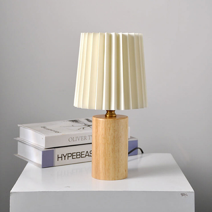 Mid-Century Modern Pleated Fabric Table Lamp with Wood Base