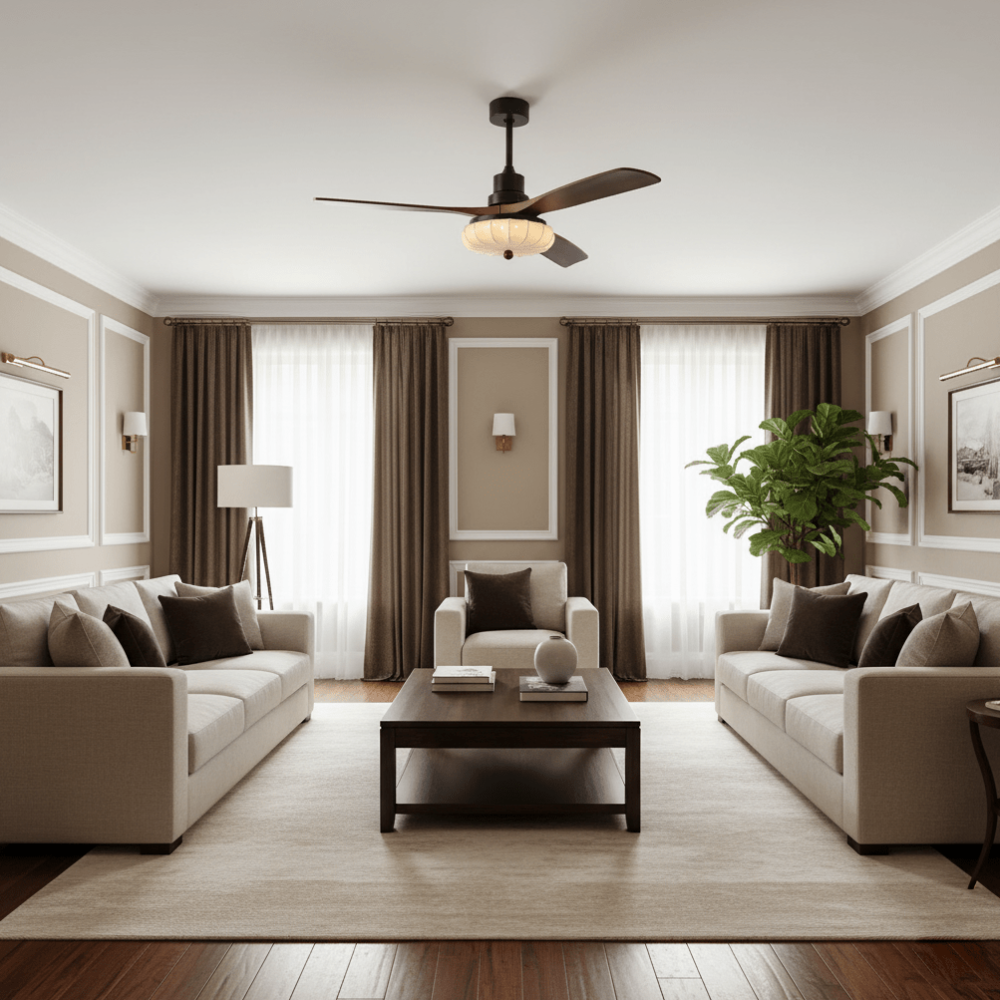 Deckenventilator mit Licht und handgefertigtem Lotus-Schirm aus Stoff – ruhiger moderner Stil