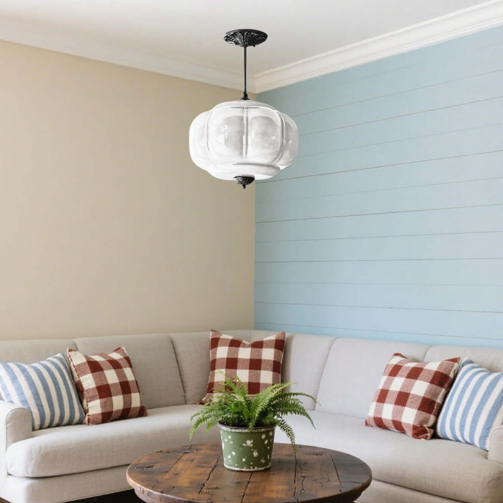 Gerippte Kürbis-Hängelampe mit kunstvollem Metallbesatz – Mid-Century-Design