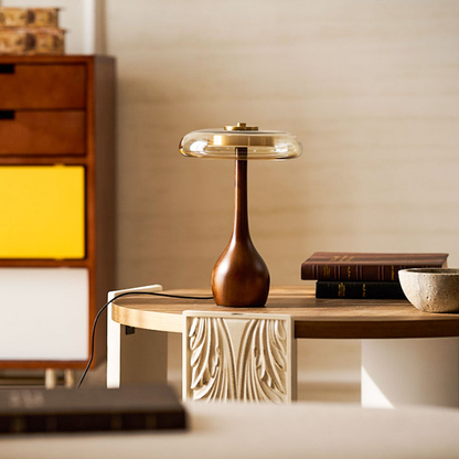 Mid-Century Modern Amber Glass and Walnut Wood LED Mushroom Table Lamp