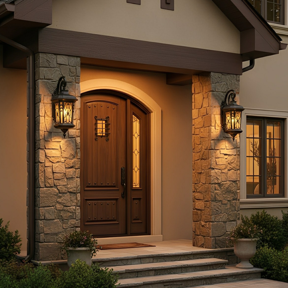 LED Porch Lantern with Scrollwork Frame and Textured Glass - Vintage Style