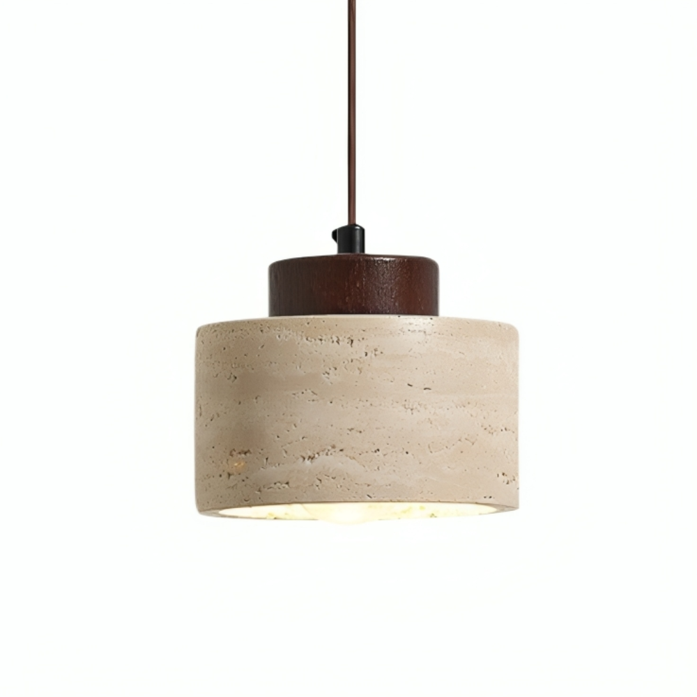 Travertine Stone Pendant Light with Wood Cap - Modern Wabi-Sabi