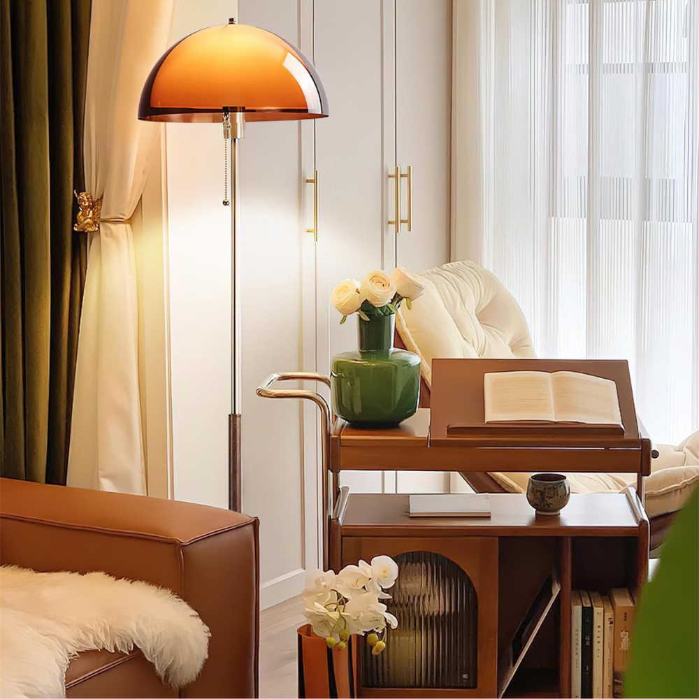 Torchiere Floor Lamp with Bi-Material Metal and Wood Stem with Acrylic Dome Shade