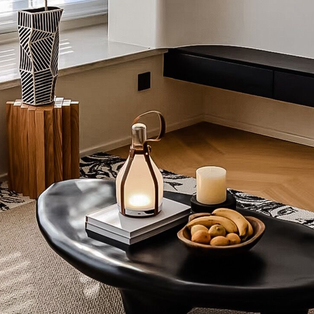 Lampe de table lanterne avec sangle en cuir - Moderne portable milieu du siècle