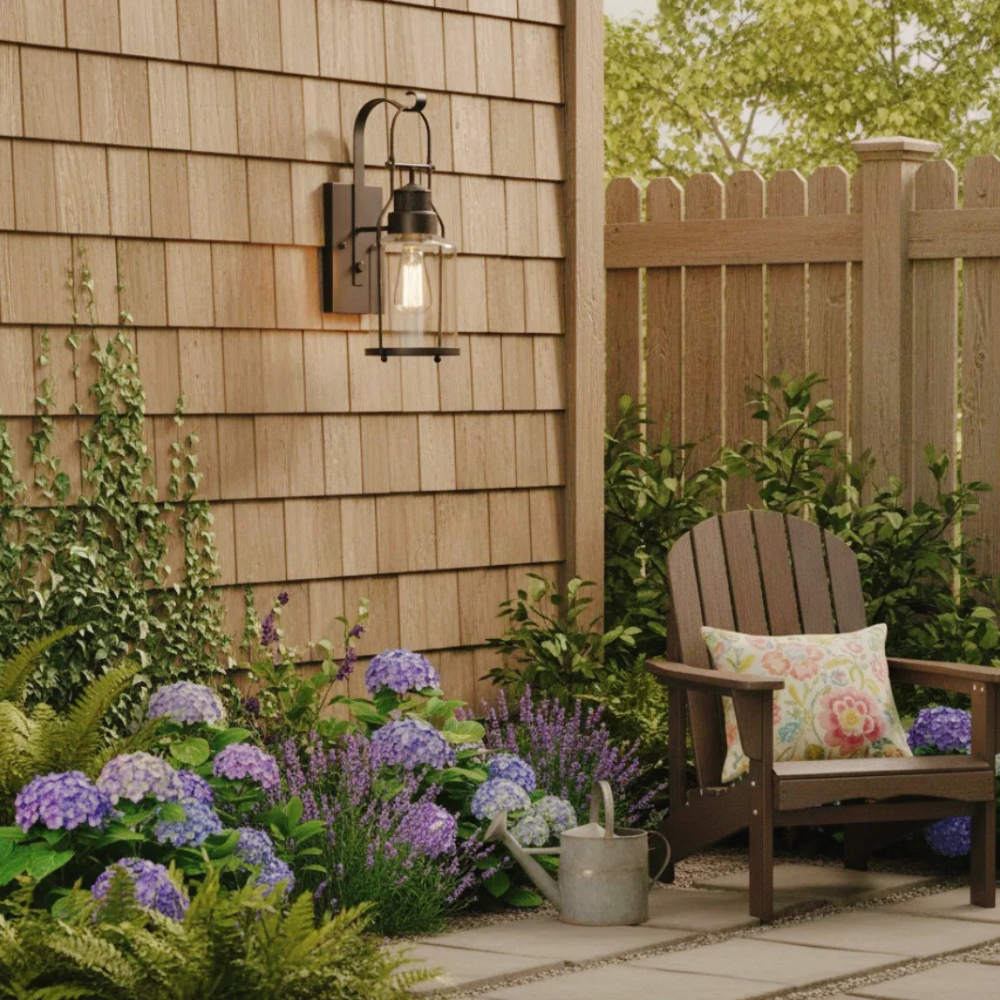 Permanent Outdoor House Lights with Clear Glass Jar Shade and Iron Arm