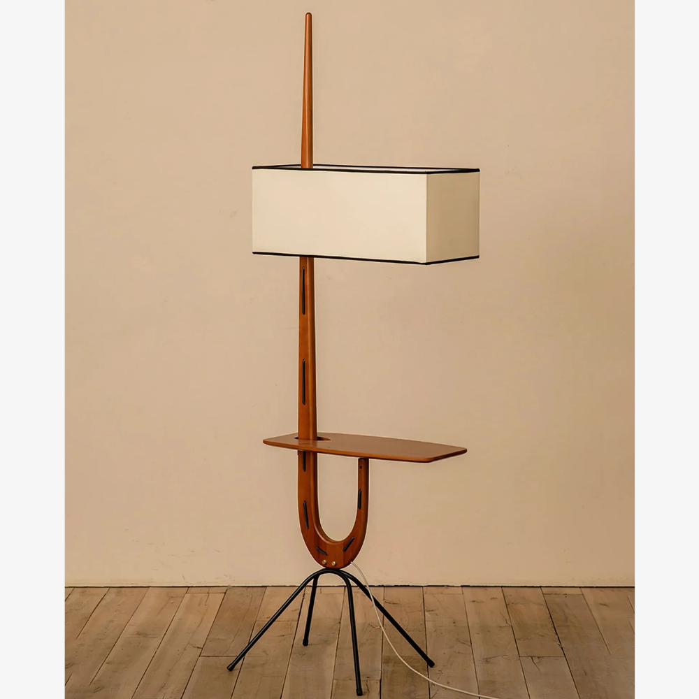 Modern floor lamp with Integrated Shelf and Organic Wooden Frame - Mid-Century