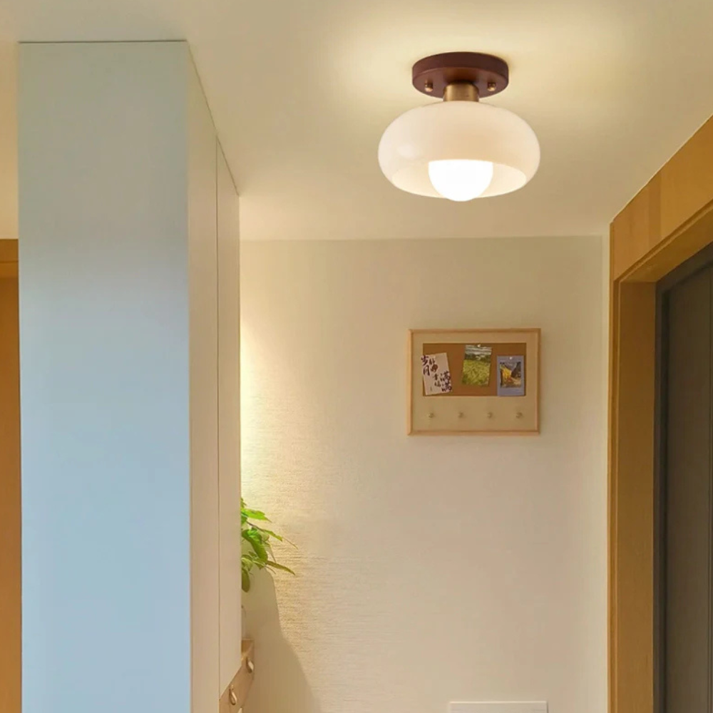 Flush Mount Ceiling Light with Glass Shade - Walnut Mid Century Modern