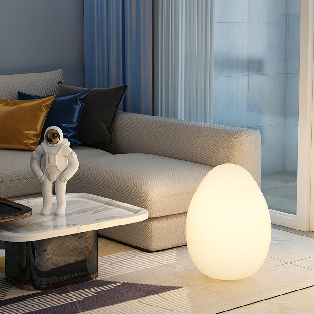 LED Floor Lamp with Sculptural Oval Egg Profile and Molded Plastic Shell