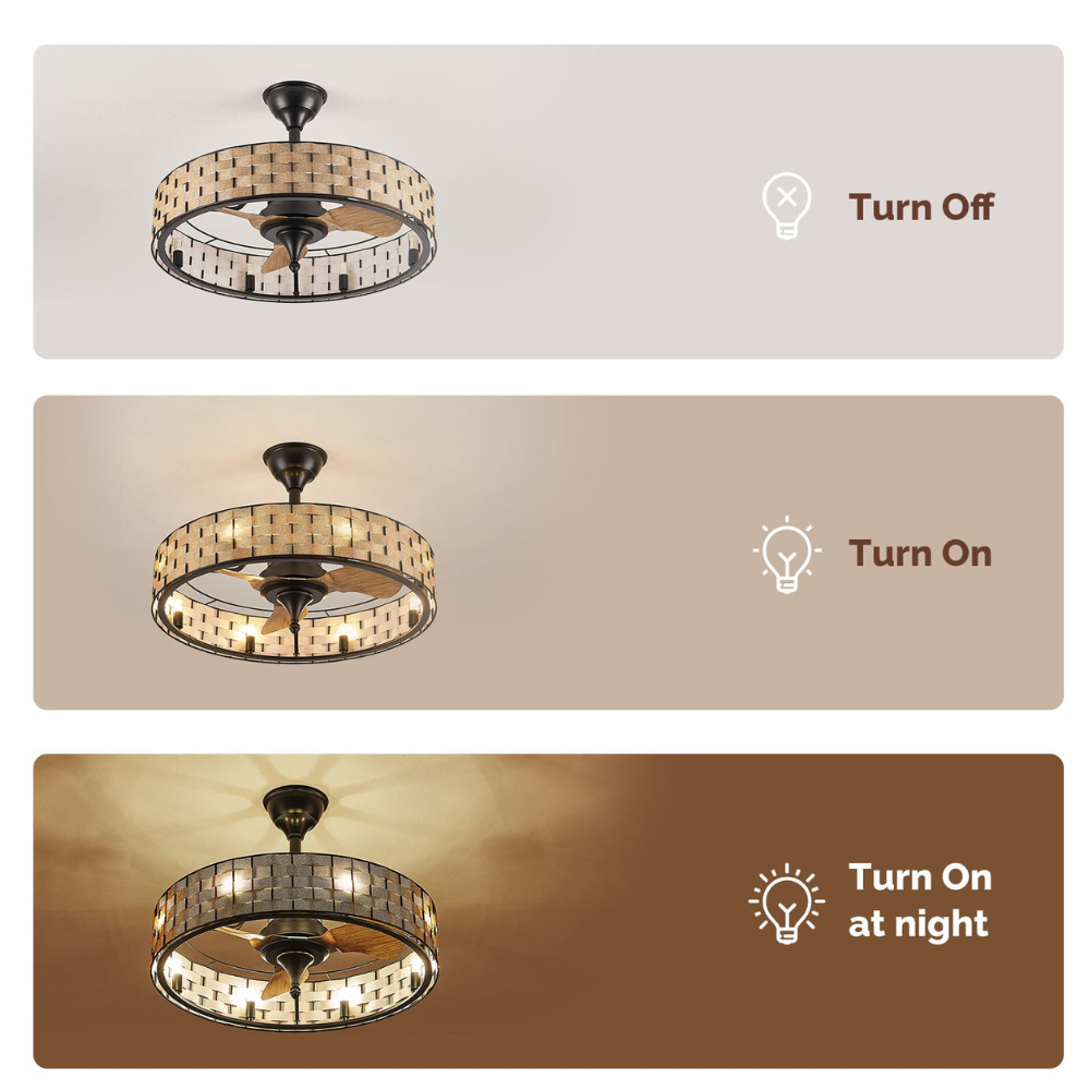 LED-Deckenventilator mit gewebtem Trommelschirm und Käfigrahmen – Bauernhausstil