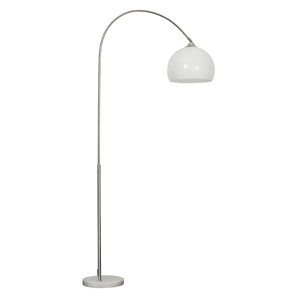 Verstellbare Stehlampe mit Marmorsockel und Glaskuppel – Mid-Century-Bogen