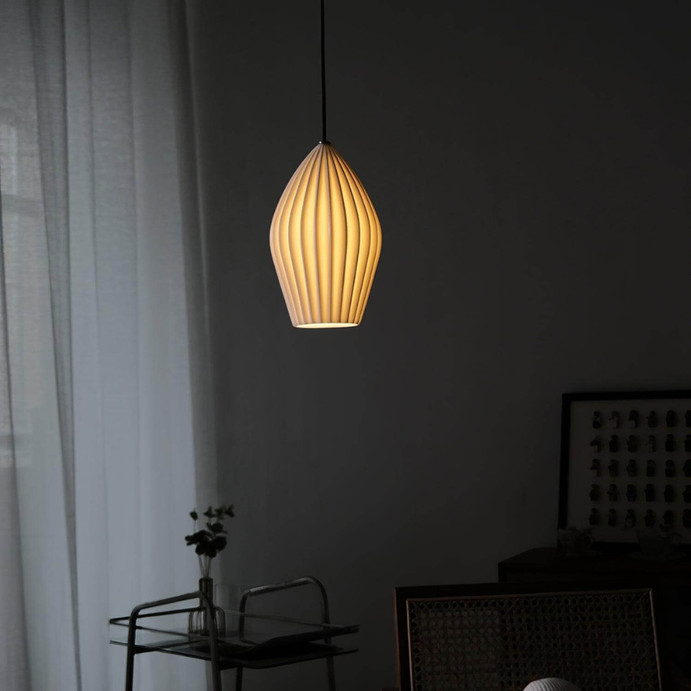 Ceramic Pendant Light with Ribbed Teardrop Shade - Modern Coastal