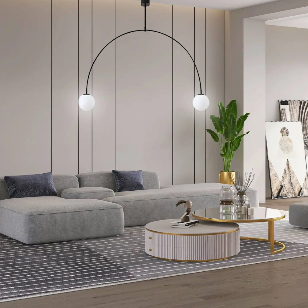 Lustre avec cadre métallique voûté et globes en verre - Moderne milieu du siècle