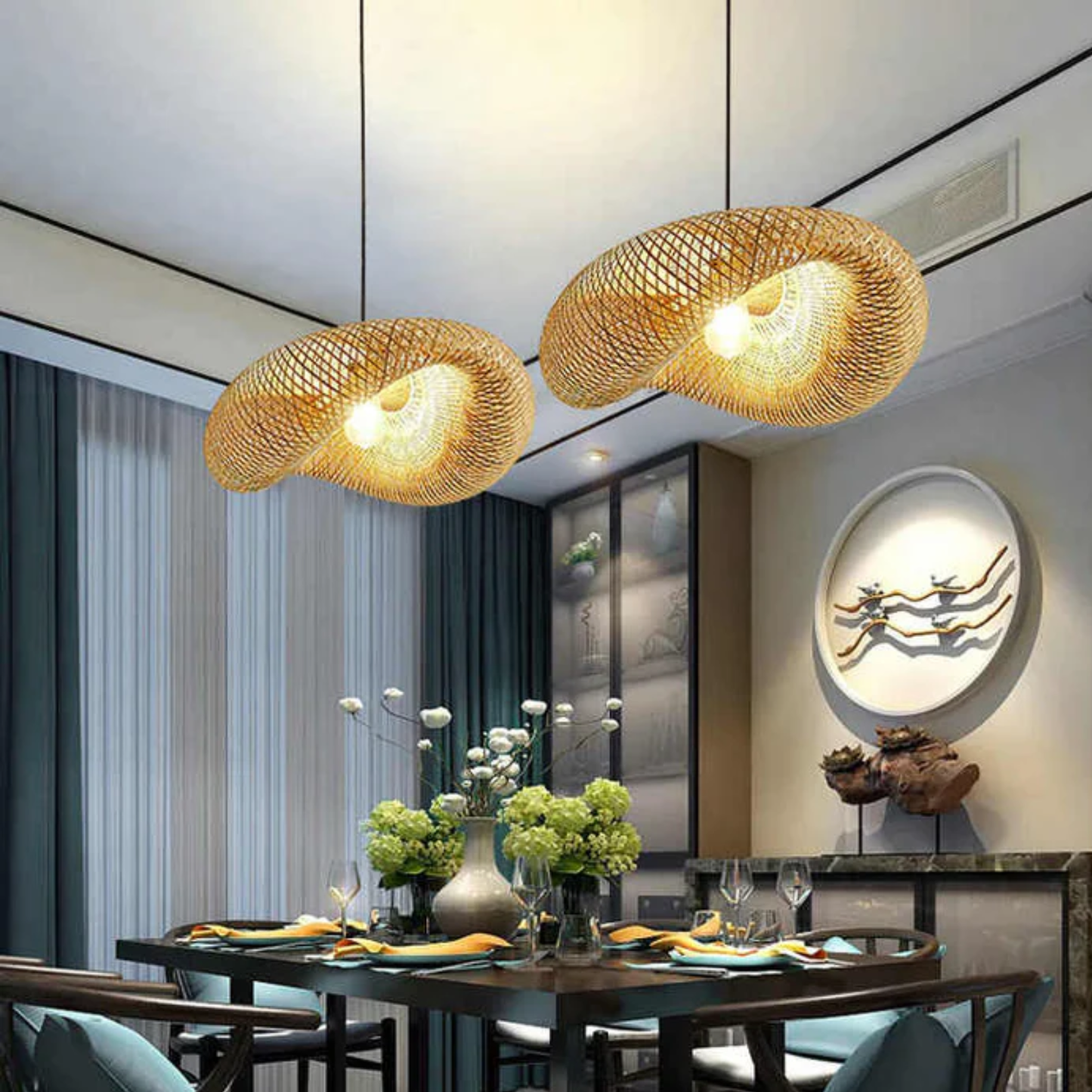 Lustre suspendu en rotin moderne - Lampe de plafond en bambou