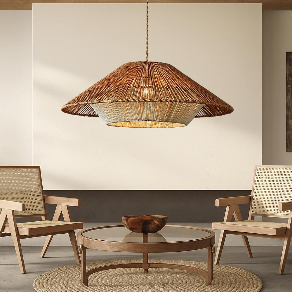 Pendant Light with Hemp Shade - Modern Bohemian Tiered Design