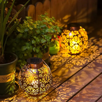 Solar Powered Lantern with Metal Floral Cutout Pattern - Boho Moroccan