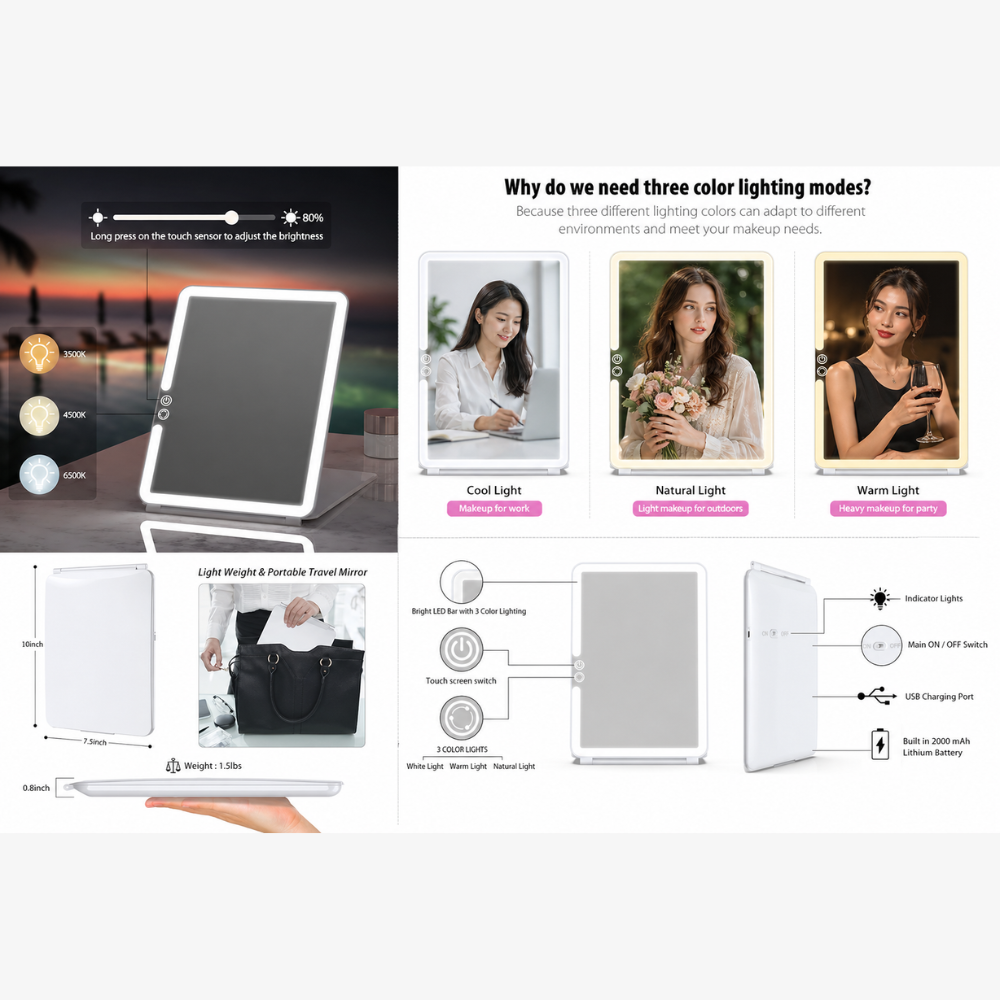 Led makeup mirror with Collapsible Tablet Design - Modern Minimalist