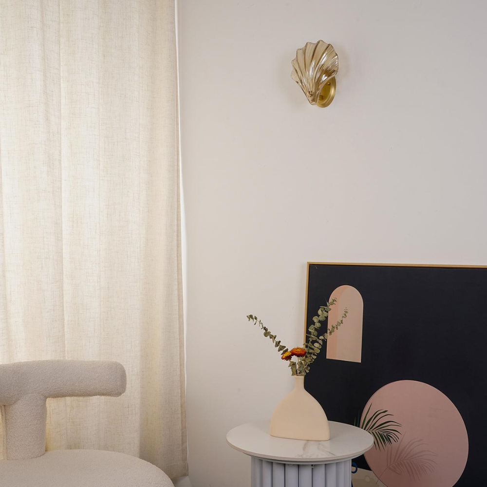 Shell Glass Wall Sconce with Scalloped Ribbed Shade - Coastal Art Deco