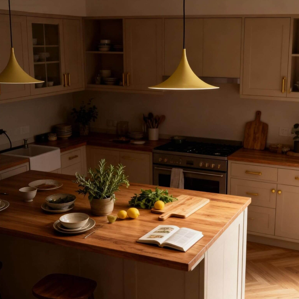 Gebogene Metall-Pendelleuchte mit Stahlschirm – Dänischer Mid-Century-Stil