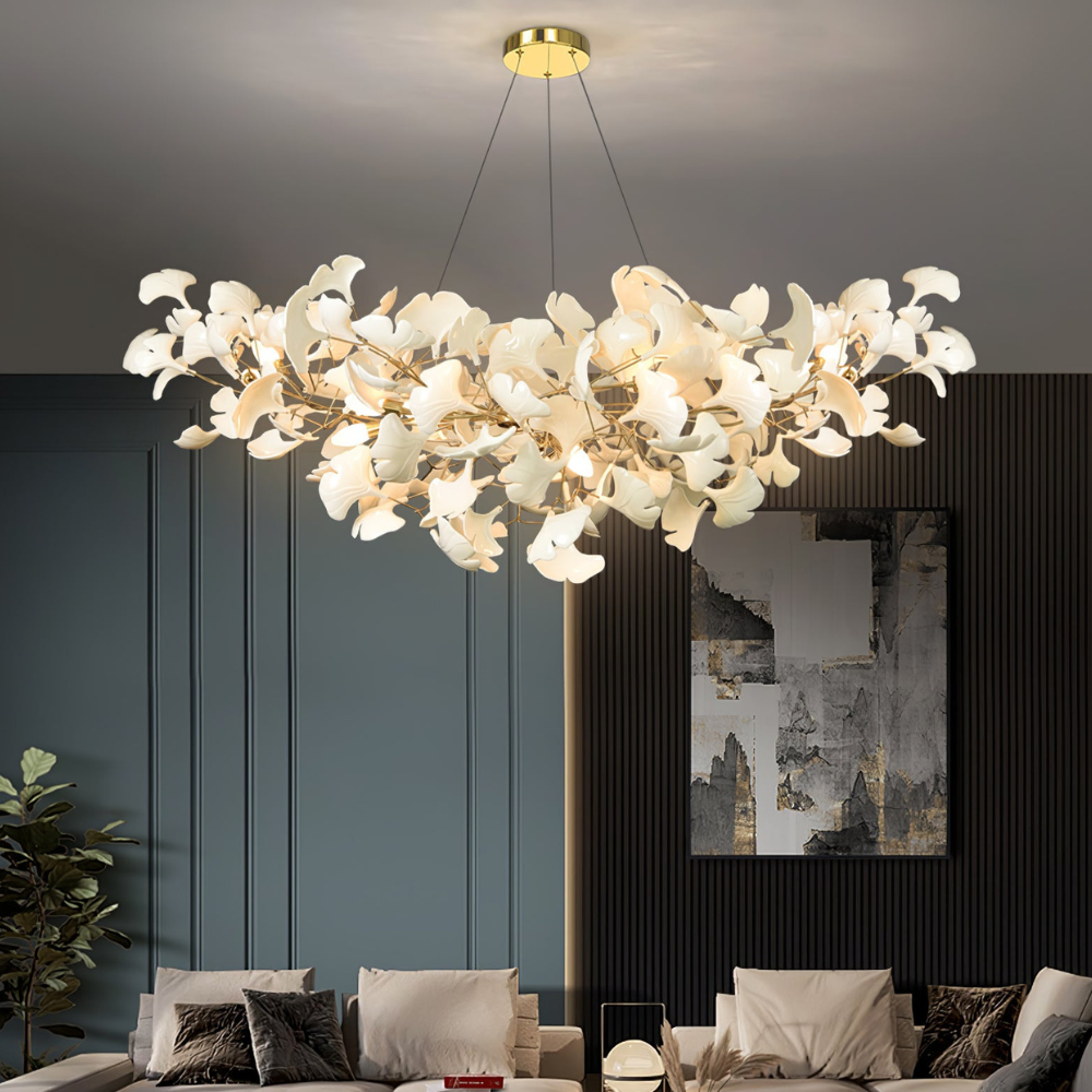 Sputnik-Kronleuchter mit Keramik-Ginkgoblättern – Moderner Art Deco