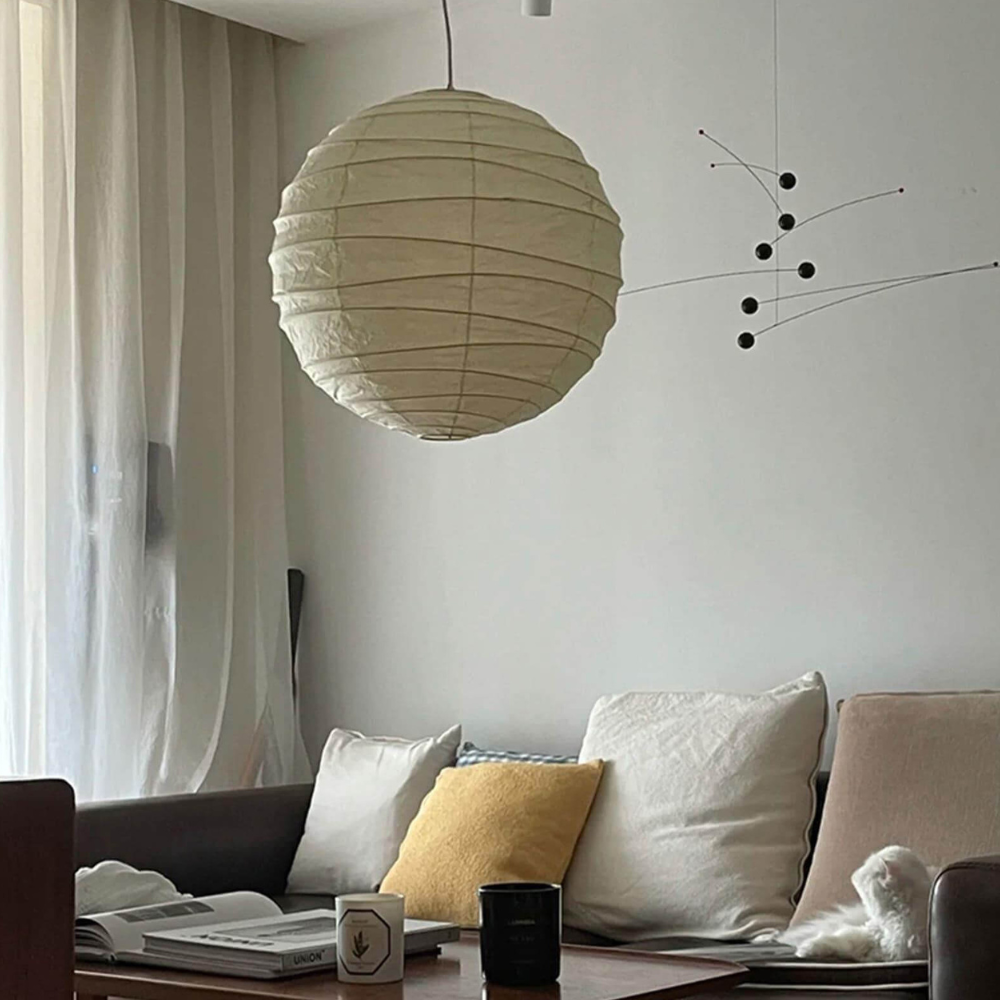 Spherical Ribbed Paper Hanging Fixture - Mid Century Modern Zen Style