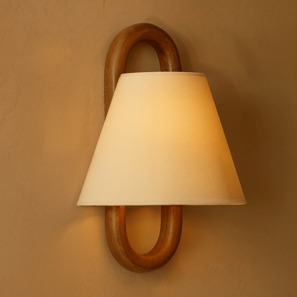 Wall Sconce with Tapered Fabric Shade - Modern Mid Century Wood