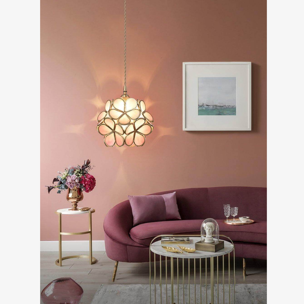 Lampe suspendue en verre floral avec ferrures en laiton - Art vintage moderne