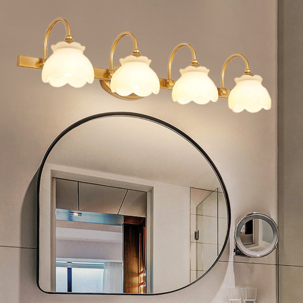 Bathroom lights above mirror with Arched Brass Arms and Frosted Glass - Colonial