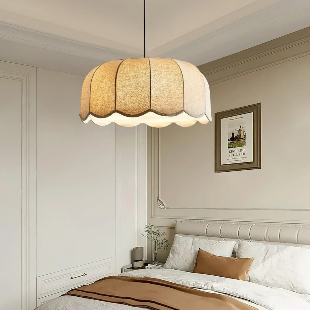 Scalloped Fabric Pendant Lamp - Modern Boho Beige Striped Ceiling Light