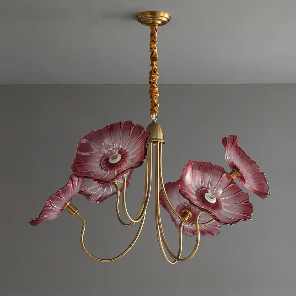 Chandelier with Flower Glass Shades and Gold Metal Frame - Modern Art Deco