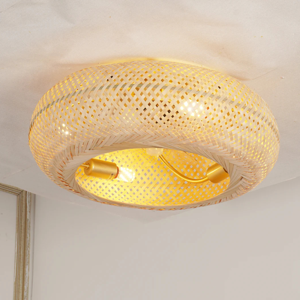 Flush Mount Ceiling Fan Light Woven Bamboo Shade - Coastal Boho Decor