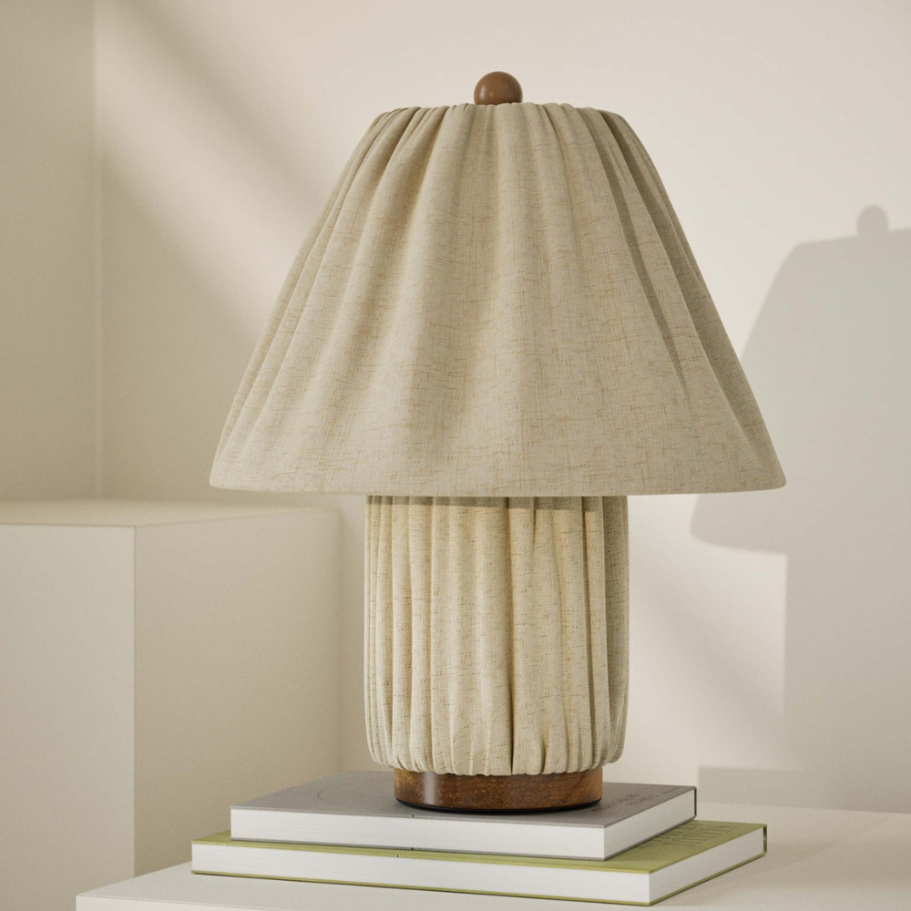 Retro Pleated Linen Table Lamp - Mid-Century Modern Boho Bedside Light