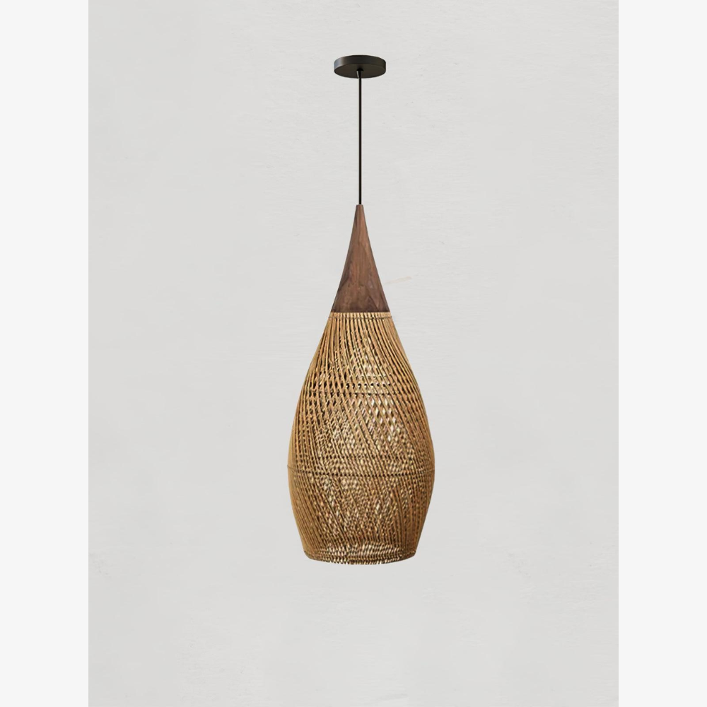Modern Rattan Silhouette Pendant Light - Woven Basket Hanging Lamp with Wood Cap