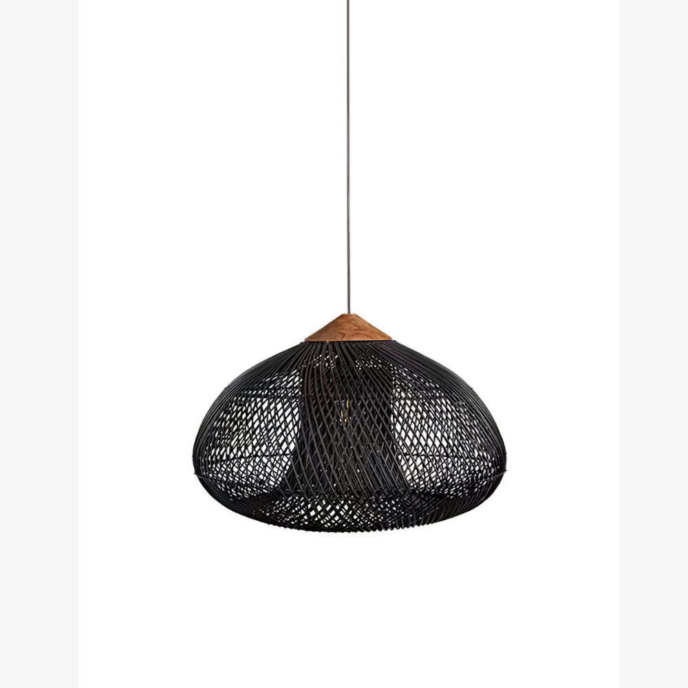 Modern Rattan Silhouette Pendant Light - Woven Basket Hanging Lamp with Wood Cap